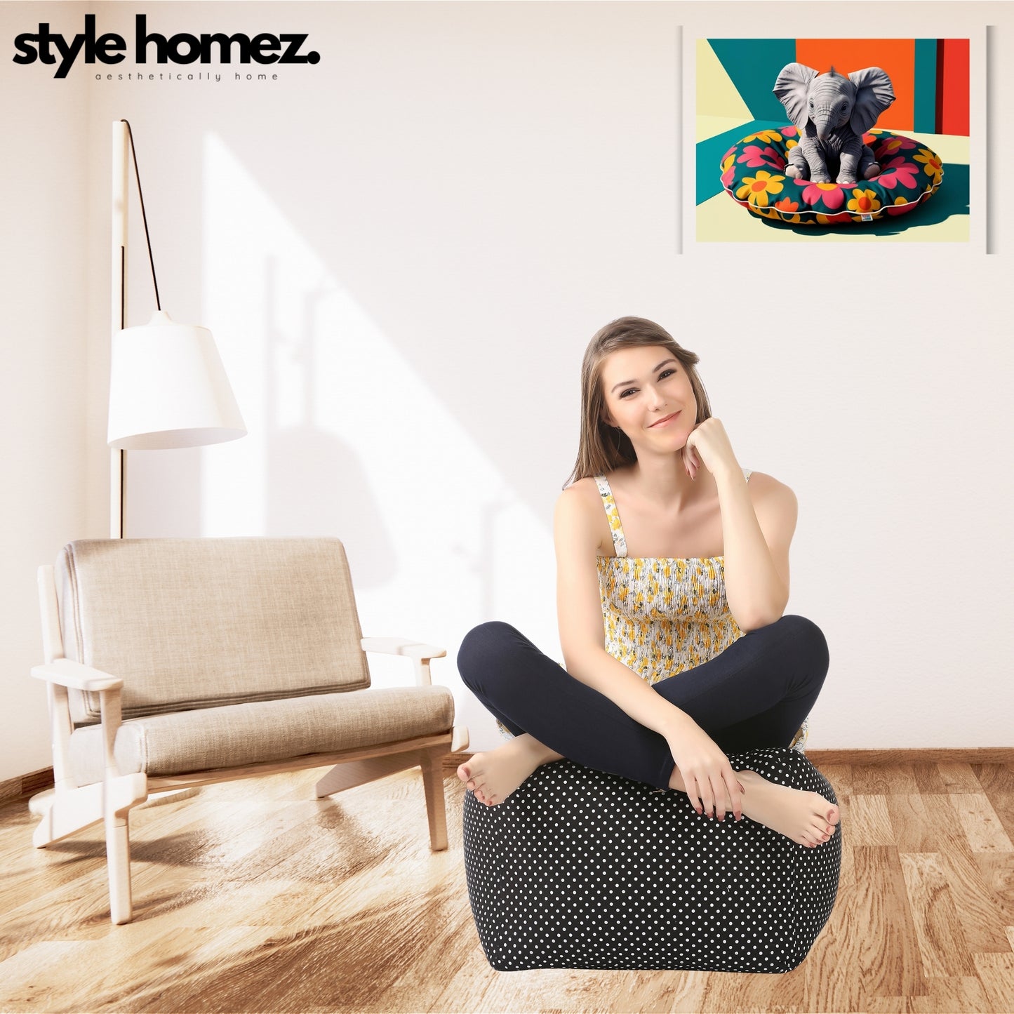 Style Homez Square Ottoman, Cotton Canvas Polka Dots Printed Bean Bag Ottoman Stool Large Size Filled with Beans, Black Color