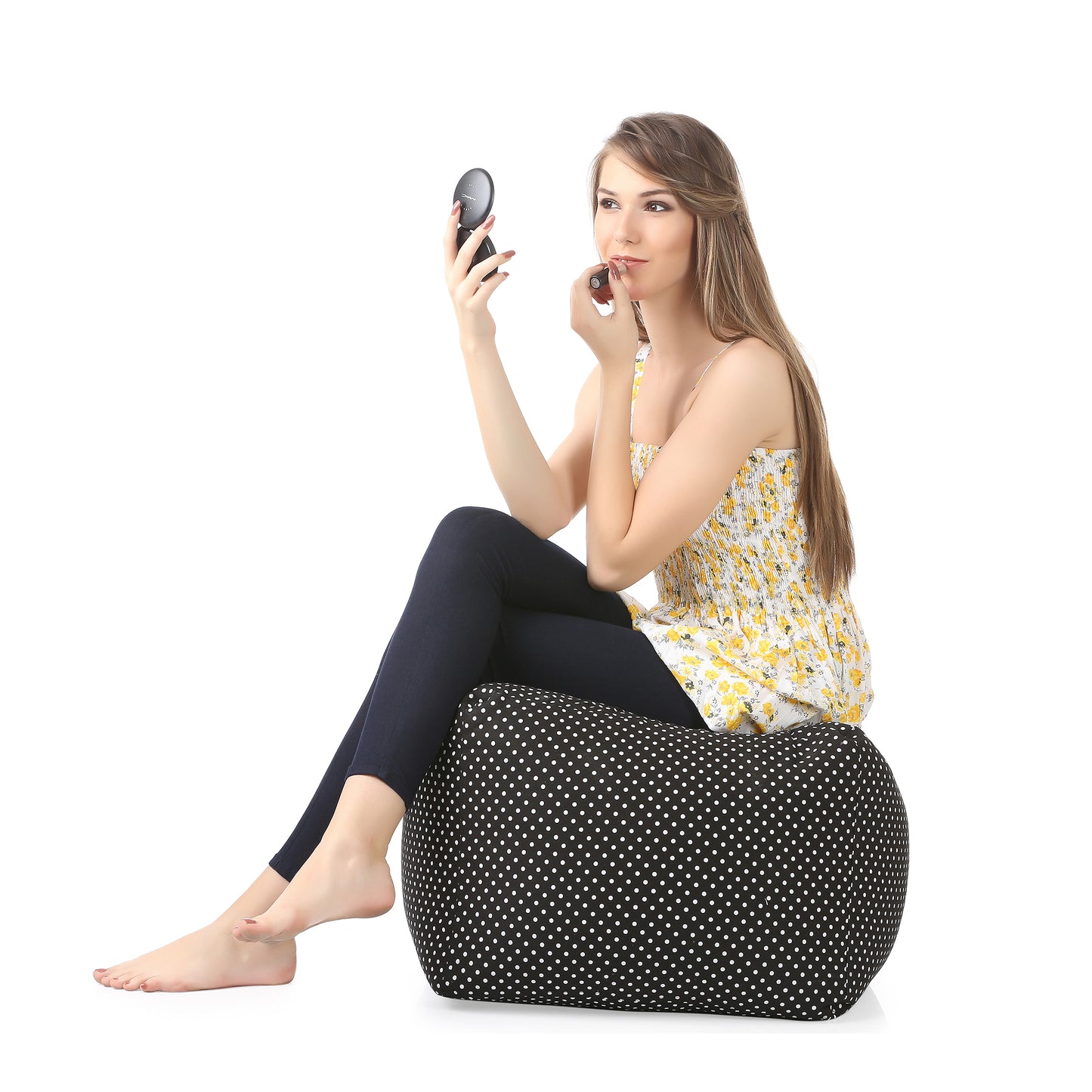 Style Homez Square Ottoman, Cotton Canvas Polka Dots Printed Bean Bag Ottoman Stool Large Size Filled with Beans, Black Color