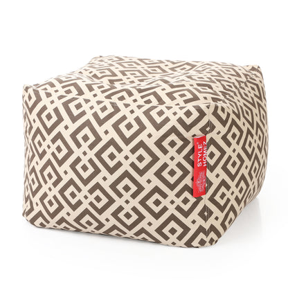 Style Homez Square Ottoman, Cotton Canvas Geometric Printed Bean Bag Ottoman Stool Large Size Filled with Beans, Brown Color