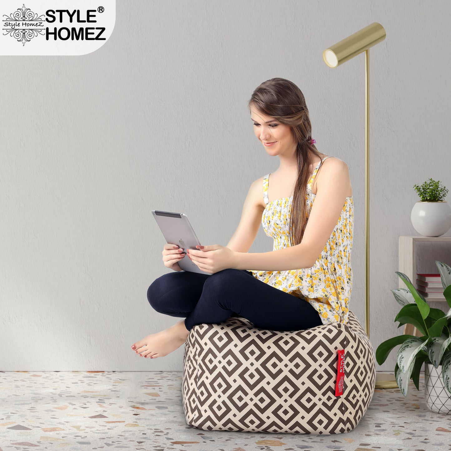 Style Homez Square Ottoman, Cotton Canvas Geometric Printed Bean Bag Ottoman Stool Large Size Filled with Beans, Brown Color