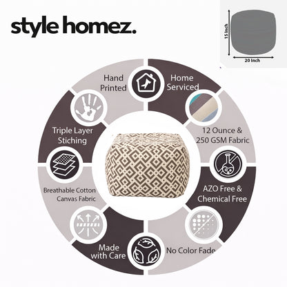 Style Homez Square Ottoman, Cotton Canvas Geometric Printed Bean Bag Ottoman Stool Large Size Filled with Beans, Brown Color