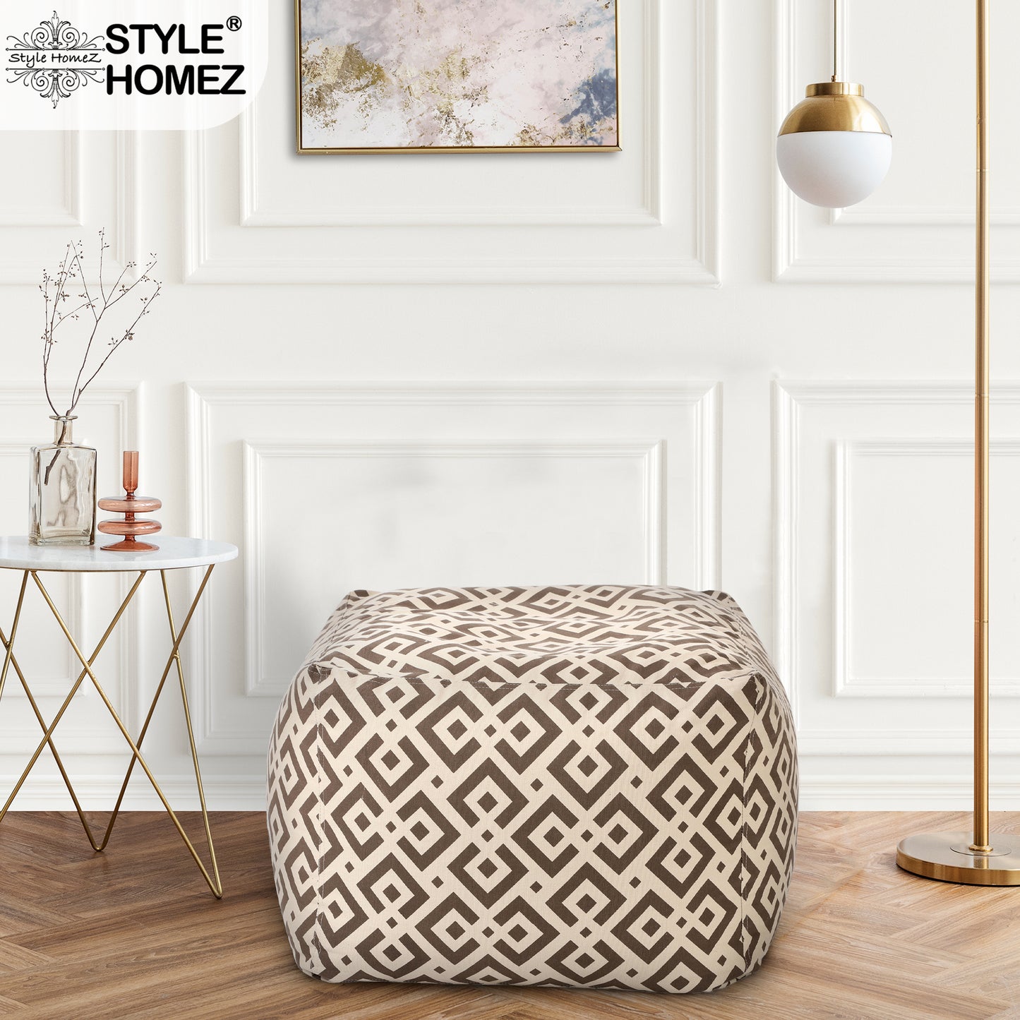 Style Homez Square Ottoman, Cotton Canvas Geometric Printed Bean Bag Ottoman Stool Large Size Filled with Beans, Brown Color