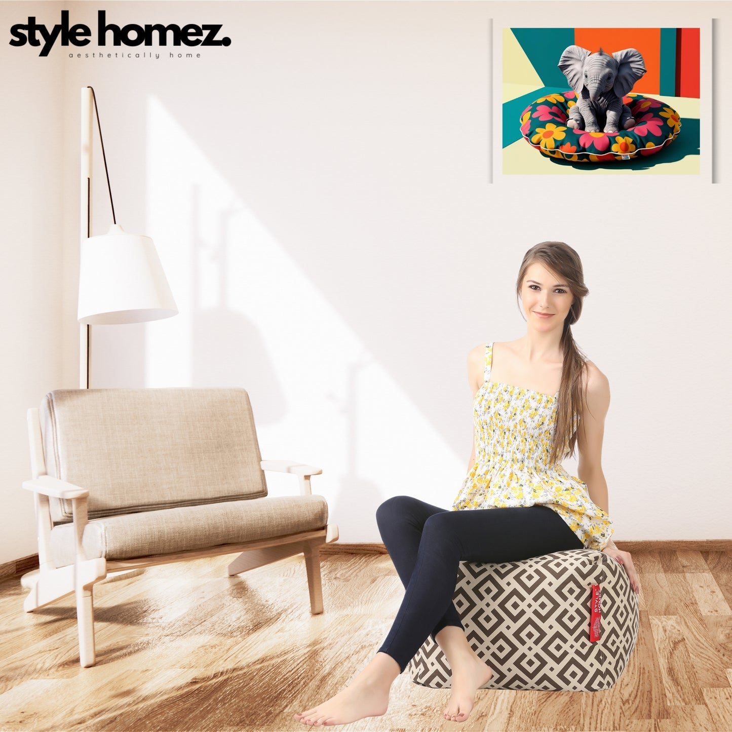 Style Homez Square Ottoman, Cotton Canvas Geometric Printed Bean Bag Ottoman Stool Large Size Filled with Beans, Brown Color