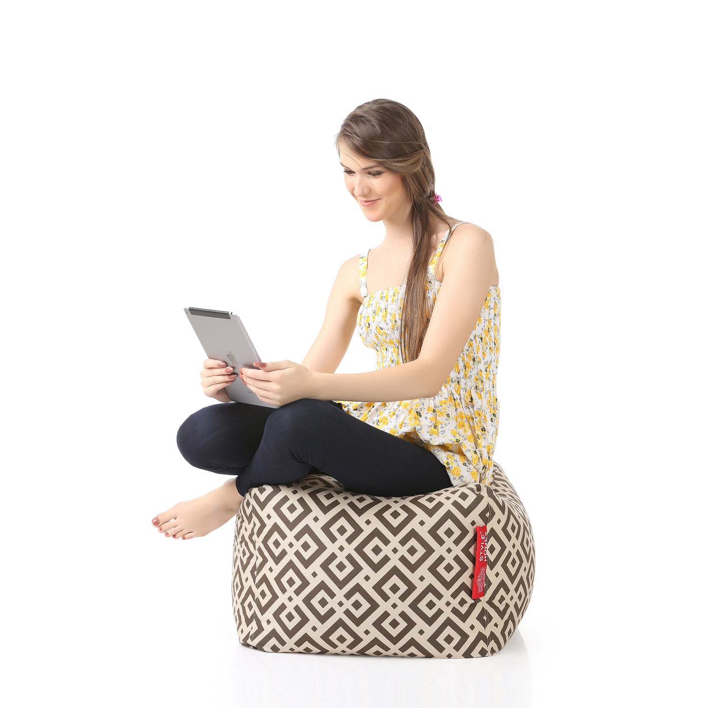Style Homez Square Ottoman, Cotton Canvas Geometric Printed Bean Bag Ottoman Stool Large Size Filled with Beans, Brown Color