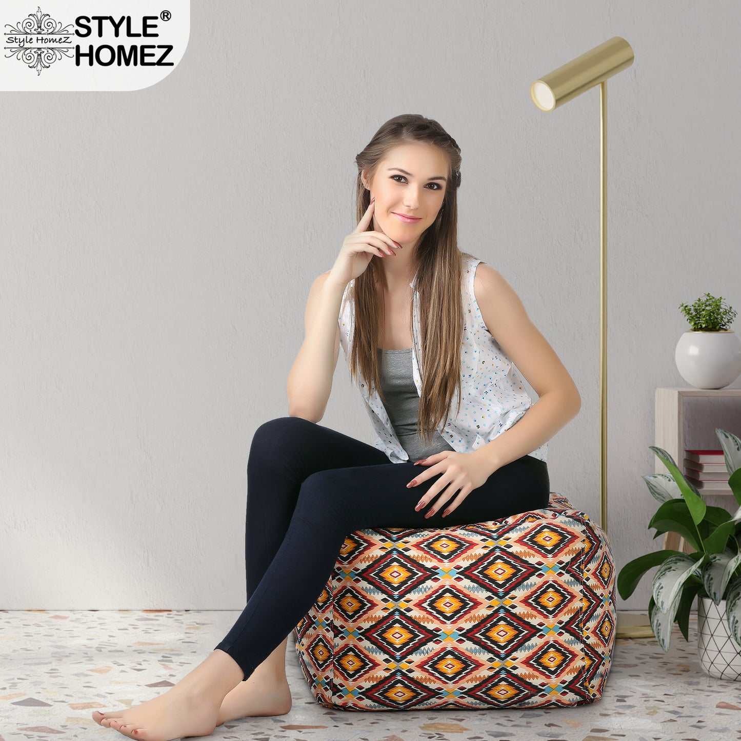Style Homez Square Ottoman, Cotton Canvas Stripes Printed Bean Bag Ottoman Stool Large Size Filled with Beans, Blue Color