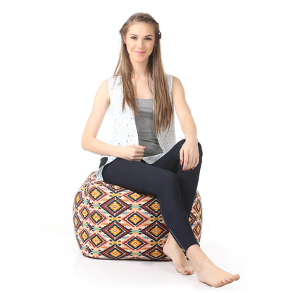 Style Homez Square Ottoman, Cotton Canvas Stripes Printed Bean Bag Ottoman Stool Large Size Filled with Beans, Blue Color