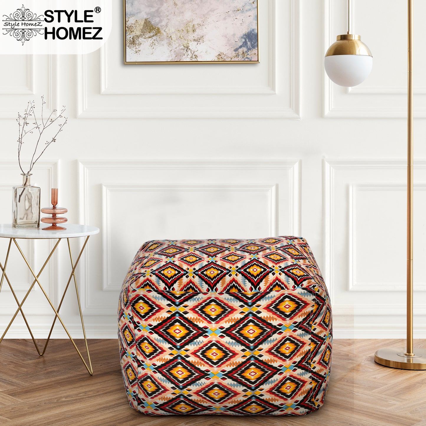 Style Homez Square Ottoman, Cotton Canvas Stripes Printed Bean Bag Ottoman Stool Large Size Filled with Beans, Blue Color