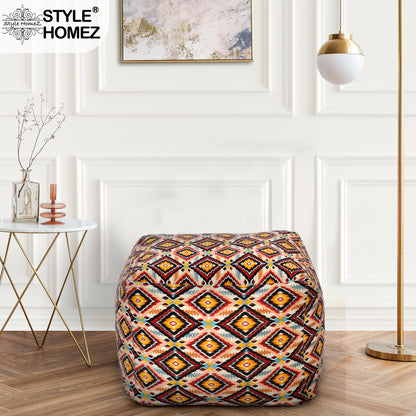 Style Homez Square Ottoman, Cotton Canvas Stripes Printed Bean Bag Ottoman Stool Large Size Filled with Beans, Blue Color