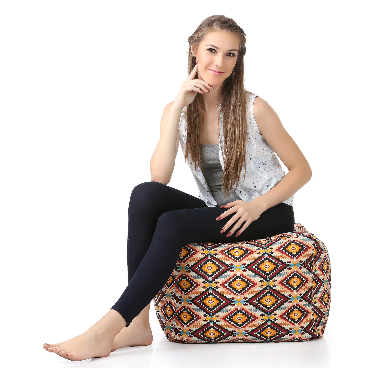 Style Homez Square Ottoman, Cotton Canvas Stripes Printed Bean Bag Ottoman Stool Large Size Filled with Beans, Blue Color