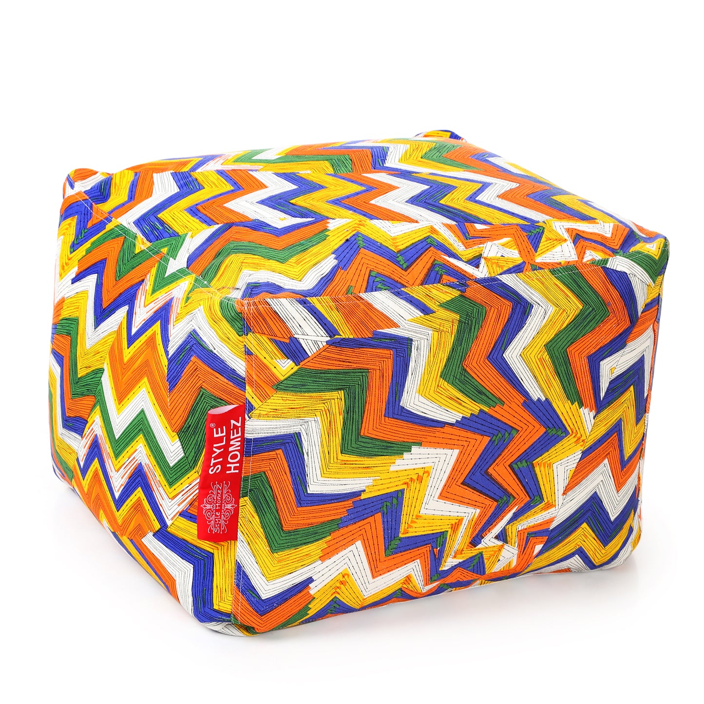 Style Homez Square Ottoman, Cotton Canvas Geometric Printed Bean Bag Ottoman Stool Large Size Filled with Beans, Multi Color