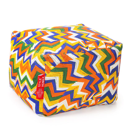 Style Homez Square Ottoman, Cotton Canvas Geometric Printed Bean Bag Ottoman Stool Large Size Filled with Beans, Multi Color