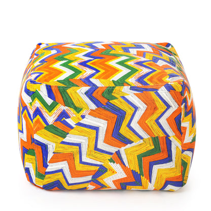 Style Homez Square Ottoman, Cotton Canvas Geometric Printed Bean Bag Ottoman Stool Large Size Filled with Beans, Multi Color