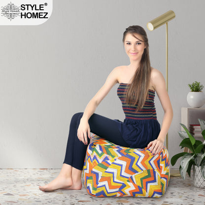 Style Homez Square Ottoman, Cotton Canvas Geometric Printed Bean Bag Ottoman Stool Large Size Filled with Beans, Multi Color