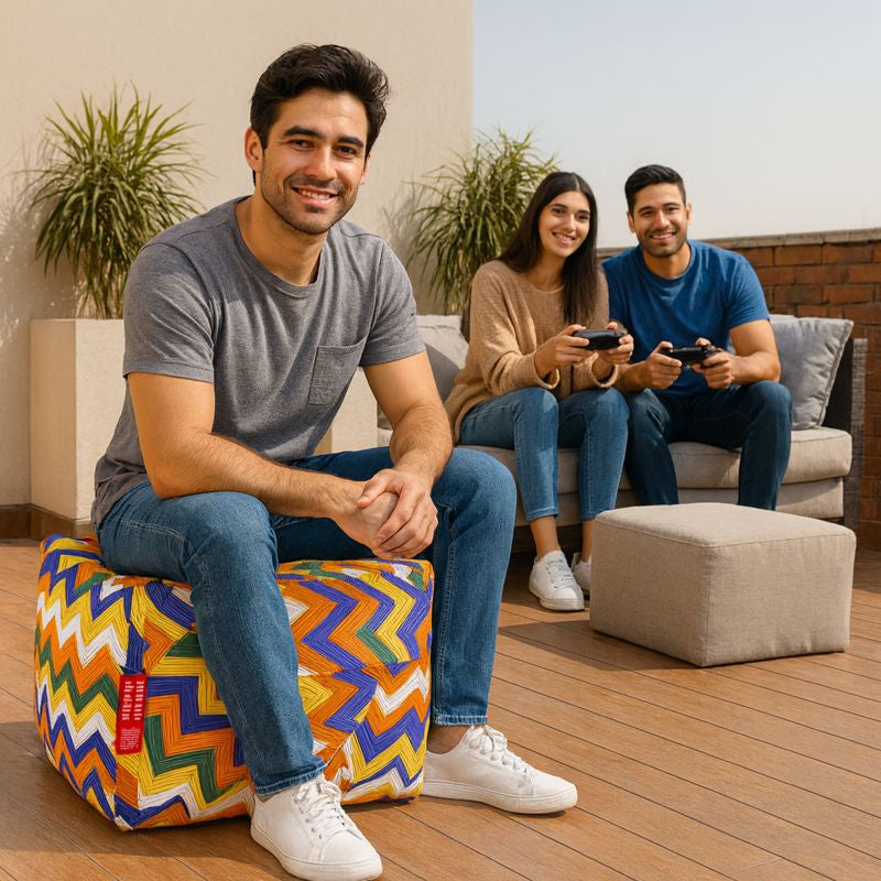 Style Homez Square Ottoman, Cotton Canvas Geometric Printed Bean Bag Ottoman Stool Large Size Filled with Beans, Multi Color