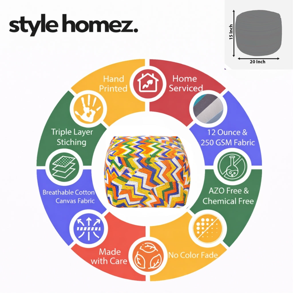 Style Homez Square Ottoman, Cotton Canvas Geometric Printed Bean Bag Ottoman Stool Large Size Filled with Beans, Multi Color