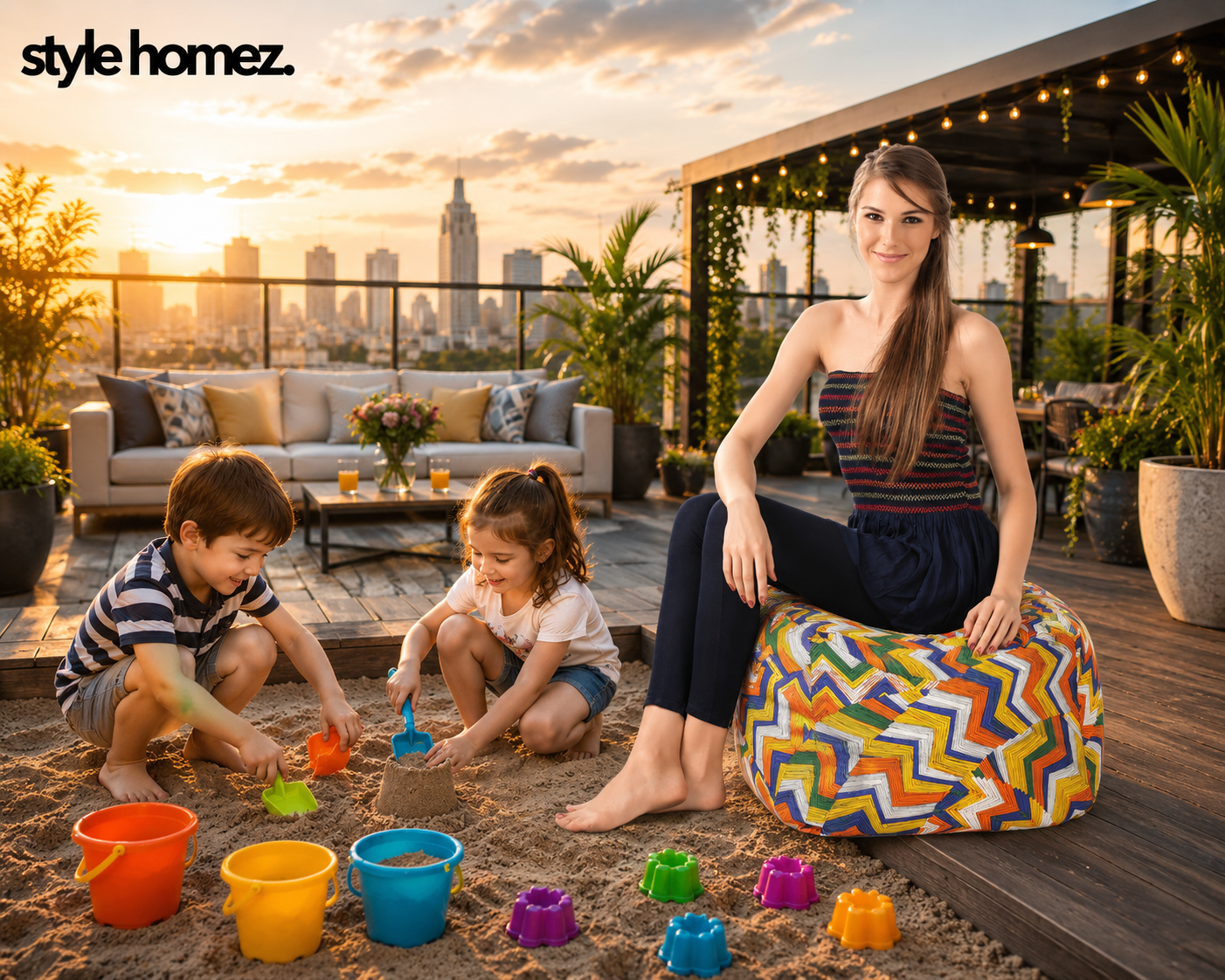 Style Homez Square Ottoman, Cotton Canvas Geometric Printed Bean Bag Ottoman Stool Large Size Filled with Beans, Multi Color