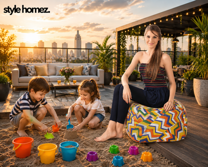 Style Homez Square Ottoman, Cotton Canvas Geometric Printed Bean Bag Ottoman Stool Large Size Filled with Beans, Multi Color