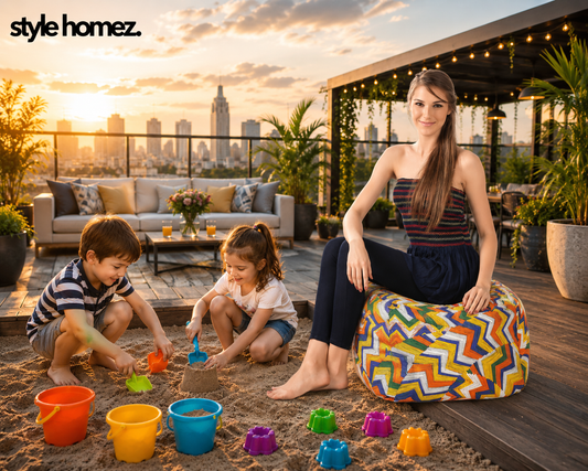 Style Homez Square Ottoman, Cotton Canvas Geometric Printed Bean Bag Ottoman Stool Large Size Filled with Beans, Multi Color