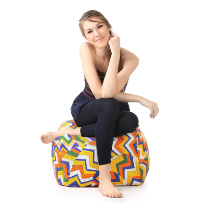 Style Homez Square Ottoman, Cotton Canvas Geometric Printed Bean Bag Ottoman Stool Large Size Filled with Beans, Multi Color