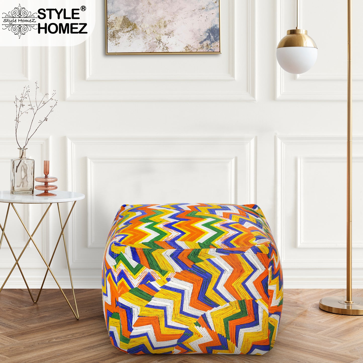 Style Homez Square Ottoman, Cotton Canvas Geometric Printed Bean Bag Ottoman Stool Large Size Filled with Beans, Multi Color