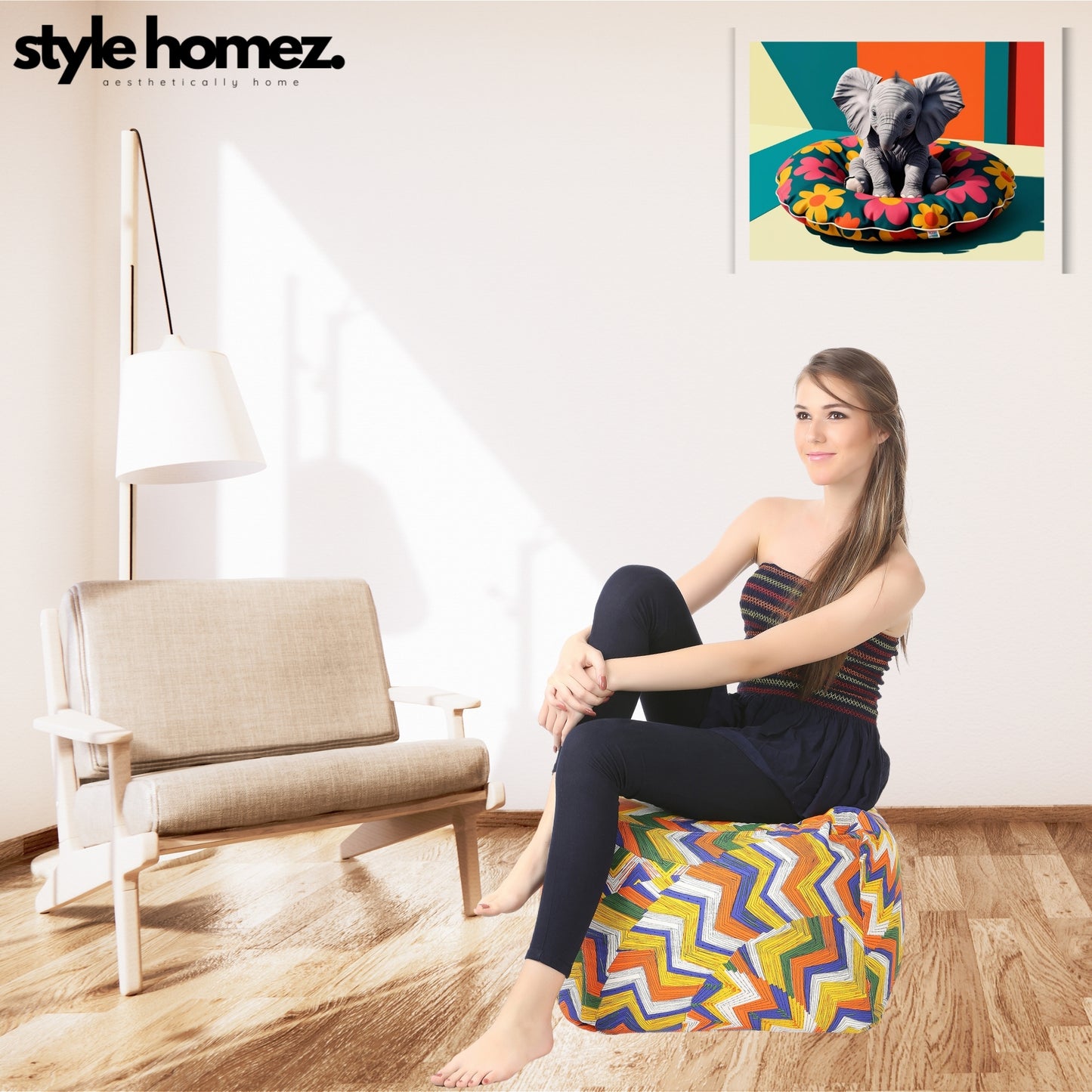Style Homez Square Ottoman, Cotton Canvas Geometric Printed Bean Bag Ottoman Stool Large Size Filled with Beans, Multi Color