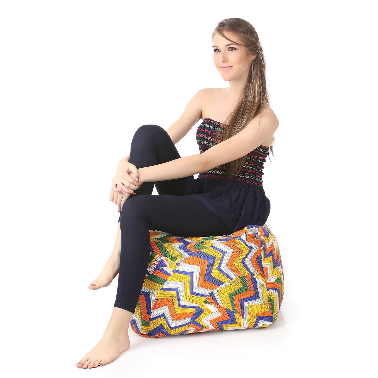 Style Homez Square Ottoman, Cotton Canvas Geometric Printed Bean Bag Ottoman Stool Large Size Filled with Beans, Multi Color