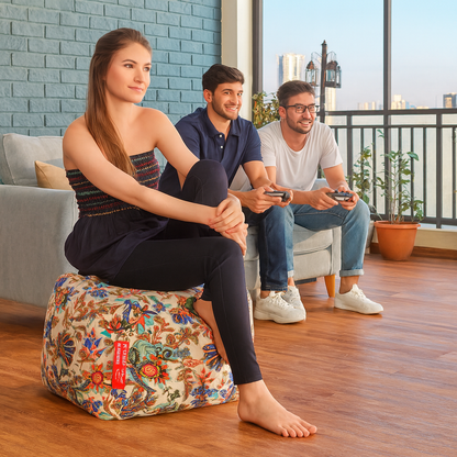 Style Homez Square Ottoman, Cotton Canvas Floral Printed Bean Bag Ottoman Stool Large Size Filled with Beans, Multi Color