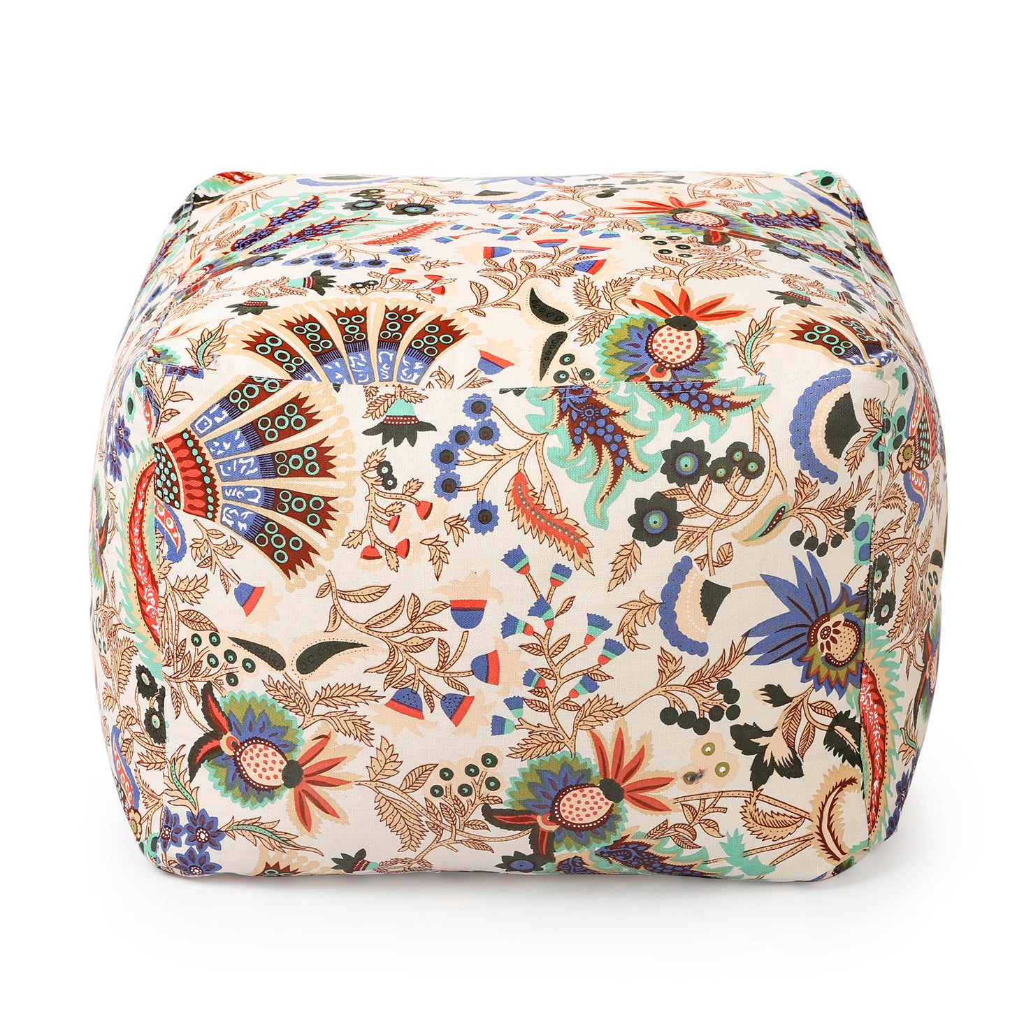 Style Homez Square Ottoman, Cotton Canvas Floral Printed Bean Bag Ottoman Stool Large Size Filled with Beans, Multi Color