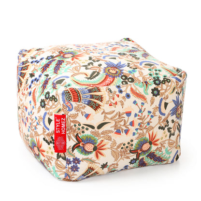 Style Homez Square Ottoman, Cotton Canvas Floral Printed Bean Bag Ottoman Stool Large Size Filled with Beans, Multi Color