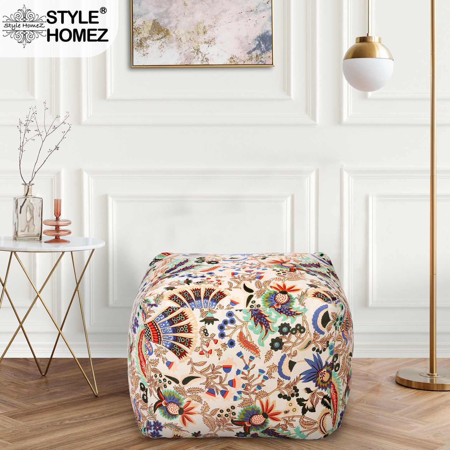 Style Homez Square Ottoman, Cotton Canvas Floral Printed Bean Bag Ottoman Stool Large Size Filled with Beans, Multi Color