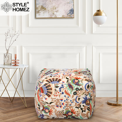 Style Homez Square Ottoman, Cotton Canvas Floral Printed Bean Bag Ottoman Stool Large Size Filled with Beans, Multi Color