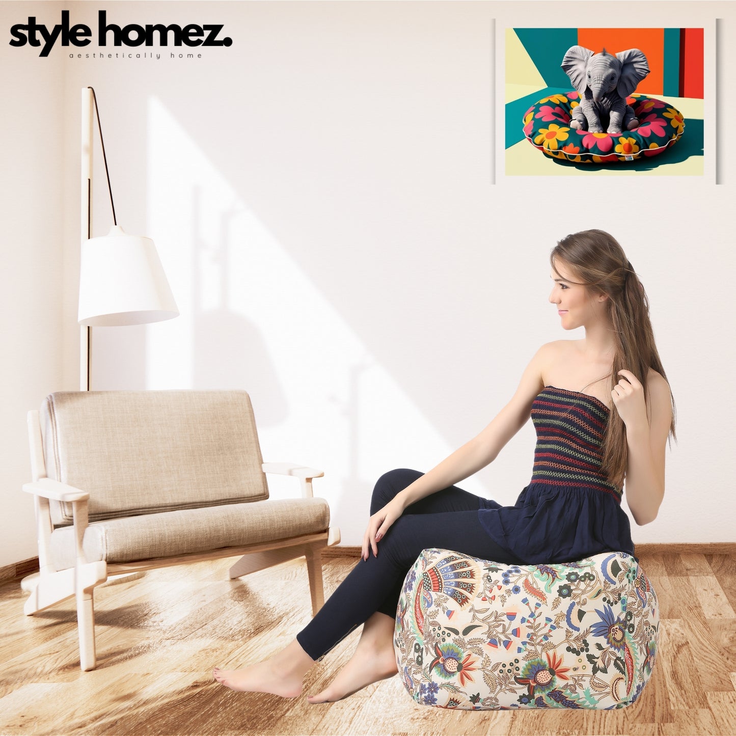 Style Homez Square Ottoman, Cotton Canvas Floral Printed Bean Bag Ottoman Stool Large Size Filled with Beans, Multi Color