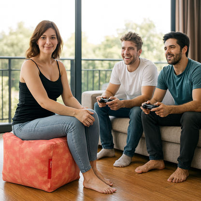 Style Homez Square Ottoman, Cotton Canvas Abstract Printed Bean Bag Ottoman Stool Large Size Filled with Beans, Red Cream Color