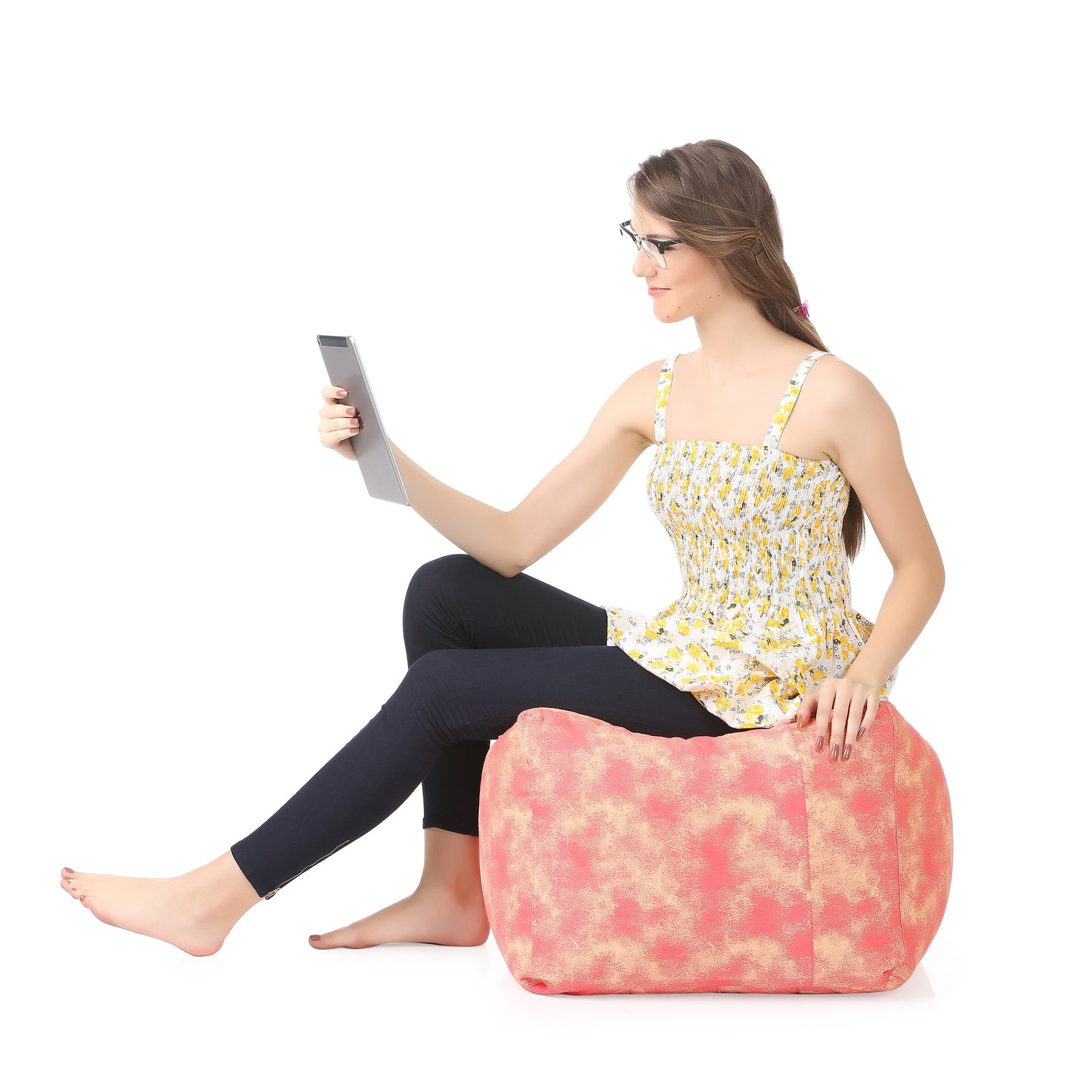 Style Homez Square Ottoman, Cotton Canvas Abstract Printed Bean Bag Ottoman Stool Large Size Filled with Beans, Red Cream Color