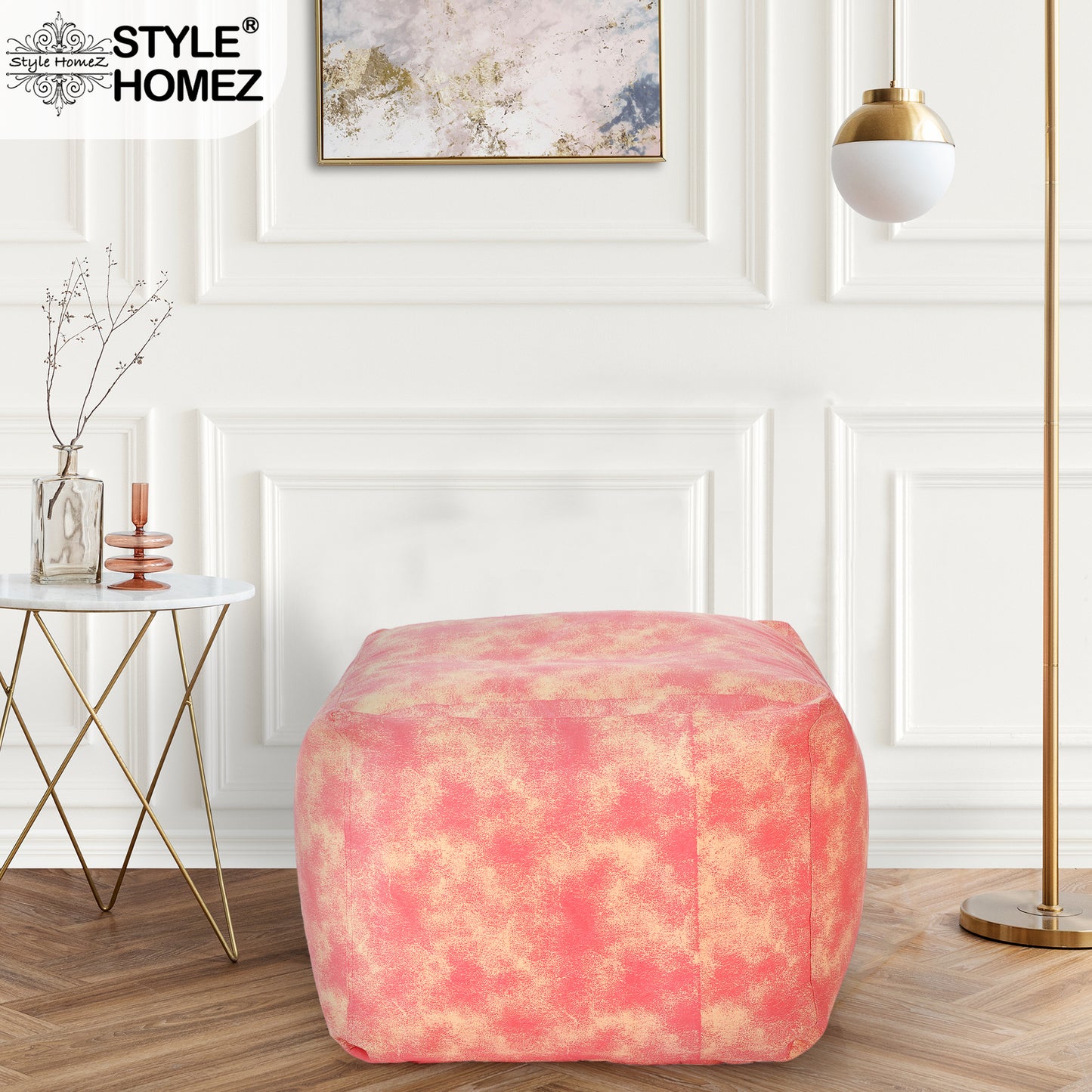 Style Homez Square Ottoman, Cotton Canvas Abstract Printed Bean Bag Ottoman Stool Large Size Filled with Beans, Red Cream Color