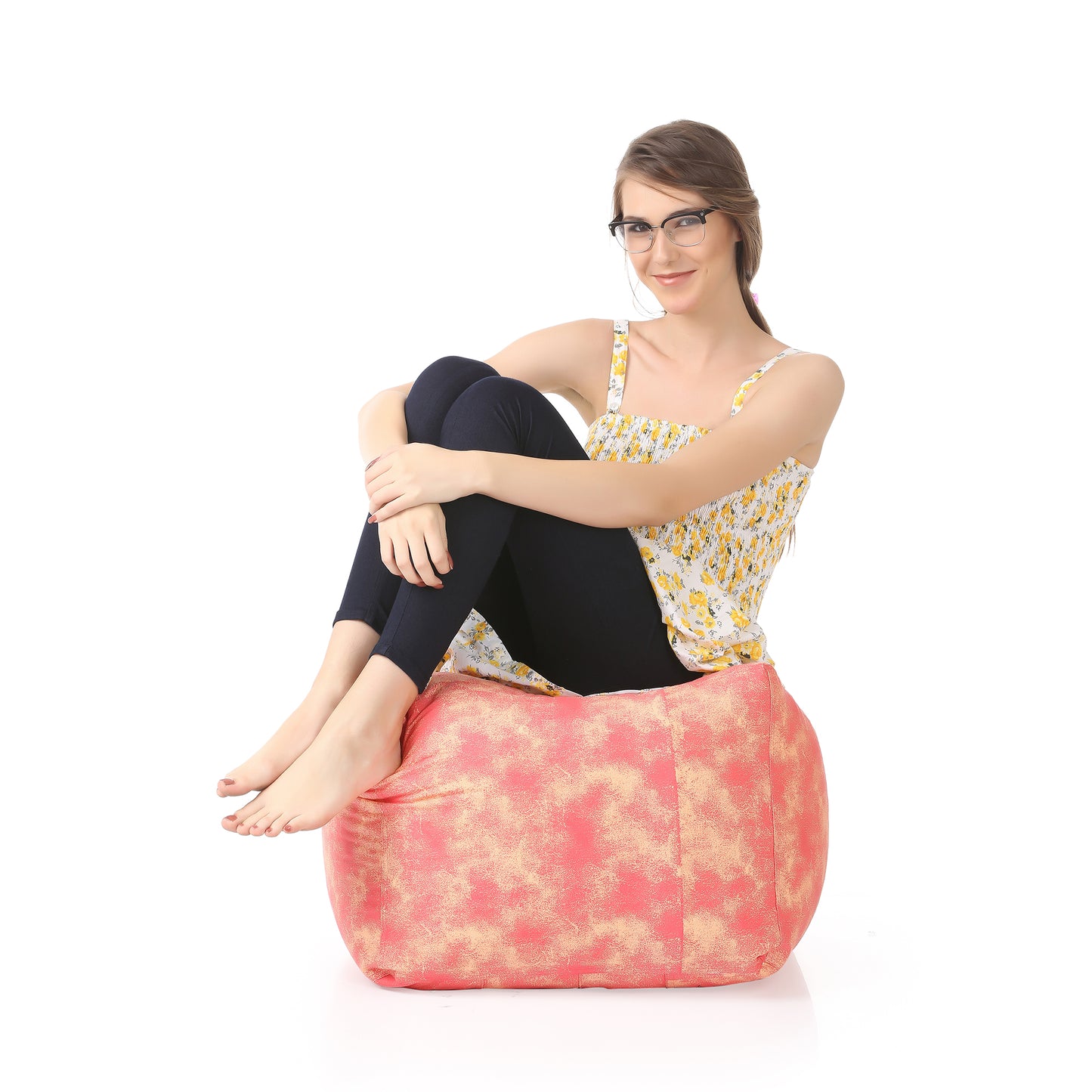 Style Homez Square Ottoman, Cotton Canvas Abstract Printed Bean Bag Ottoman Stool Large Size Filled with Beans, Red Cream Color