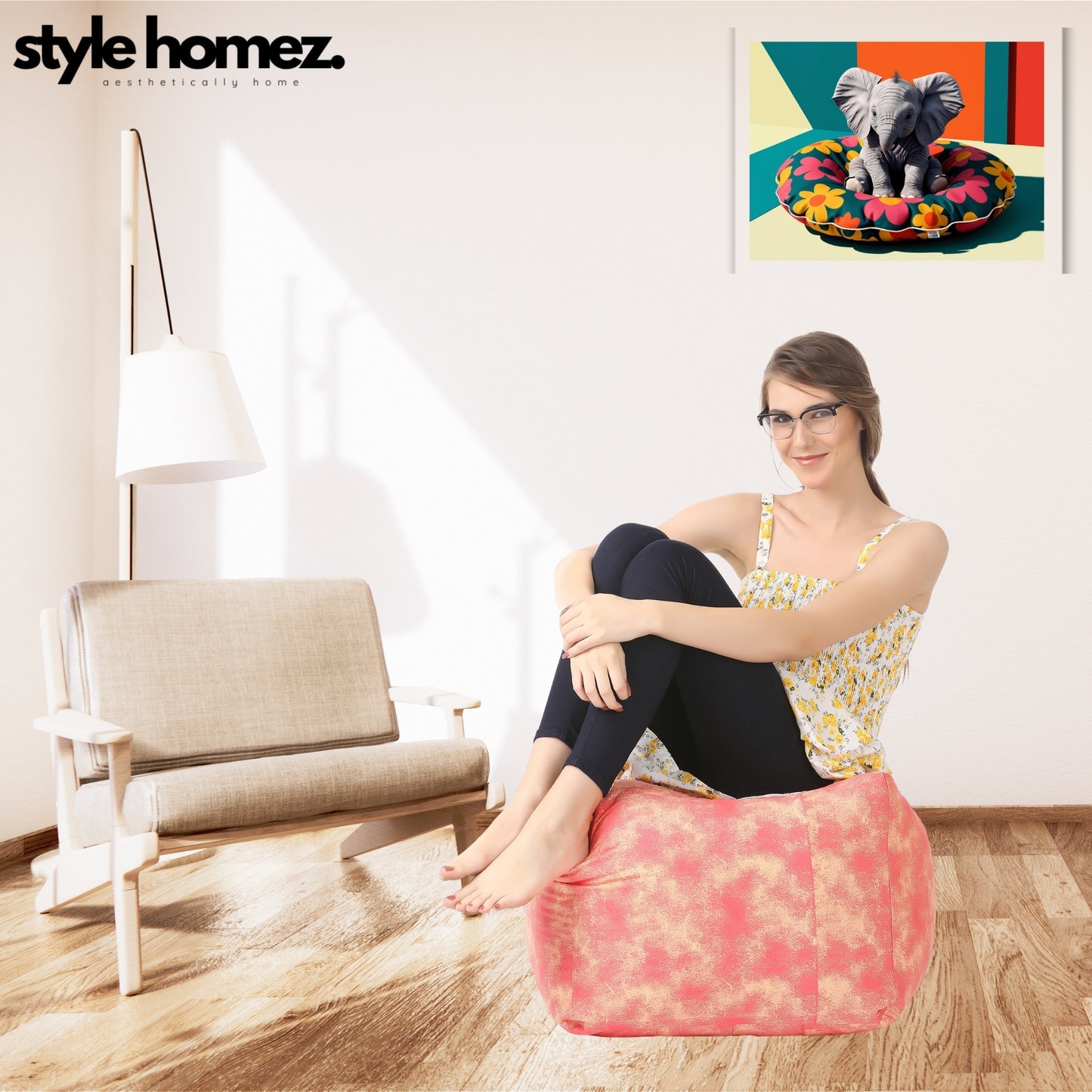 Style Homez Square Ottoman, Cotton Canvas Abstract Printed Bean Bag Ottoman Stool Large Size Filled with Beans, Red Cream Color