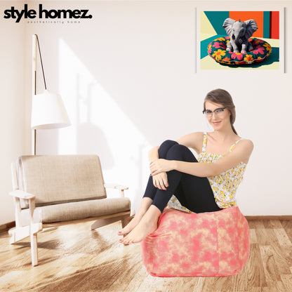 Style Homez Square Ottoman, Cotton Canvas Abstract Printed Bean Bag Ottoman Stool Large Size Filled with Beans, Red Cream Color