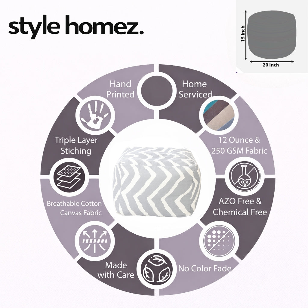 Style Homez Square Ottoman, Cotton Canvas Stripes Printed Bean Bag Ottoman Stool Large Size Filled with Beans, Grey Color
