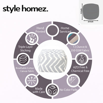 Style Homez Square Ottoman, Cotton Canvas Stripes Printed Bean Bag Ottoman Stool Large Size Filled with Beans, Grey Color