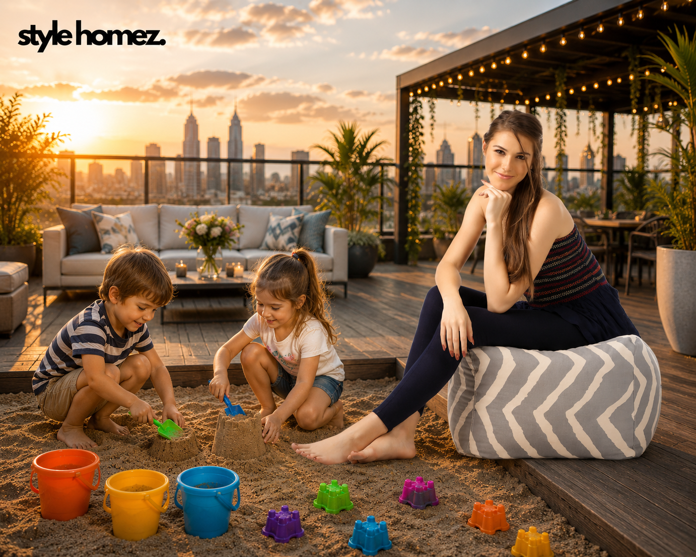 Style Homez Square Ottoman, Cotton Canvas Stripes Printed Bean Bag Ottoman Stool Large Size Filled with Beans, Grey Color