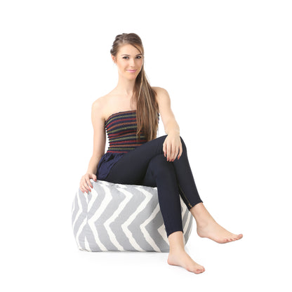 Style Homez Square Ottoman, Cotton Canvas Stripes Printed Bean Bag Ottoman Stool Large Size Filled with Beans, Grey Color
