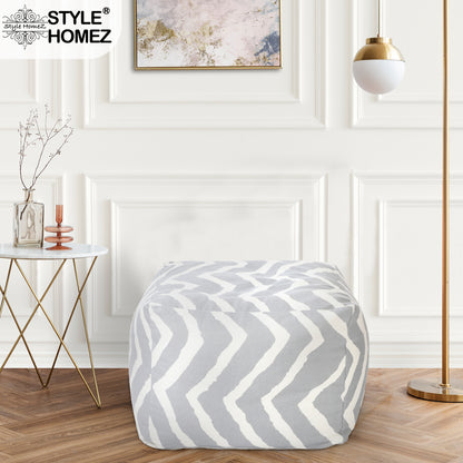 Style Homez Square Ottoman, Cotton Canvas Stripes Printed Bean Bag Ottoman Stool Large Size Filled with Beans, Grey Color