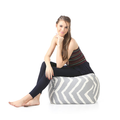 Style Homez Square Ottoman, Cotton Canvas Stripes Printed Bean Bag Ottoman Stool Large Size Filled with Beans, Grey Color