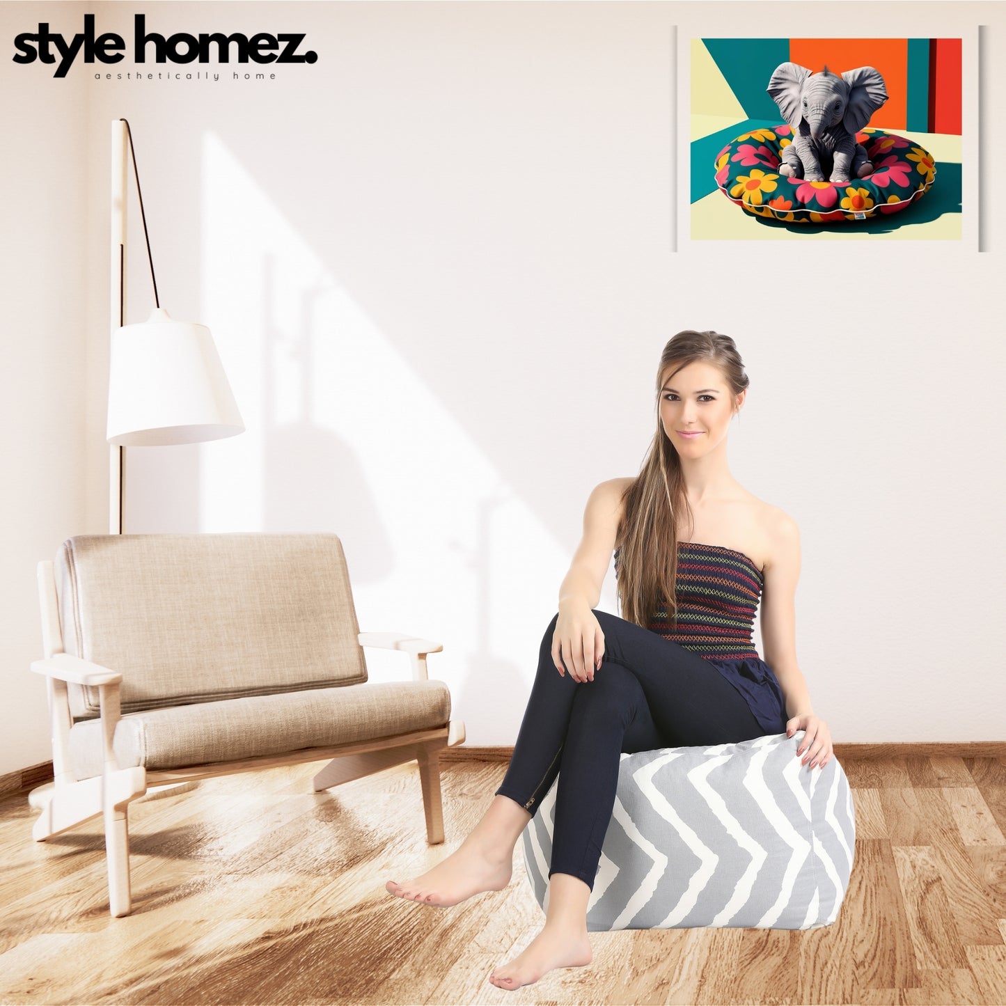 Style Homez Square Ottoman, Cotton Canvas Stripes Printed Bean Bag Ottoman Stool Large Size Filled with Beans, Grey Color