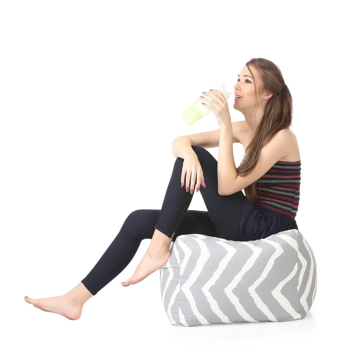 Style Homez Square Ottoman, Cotton Canvas Stripes Printed Bean Bag Ottoman Stool Large Size Filled with Beans, Grey Color