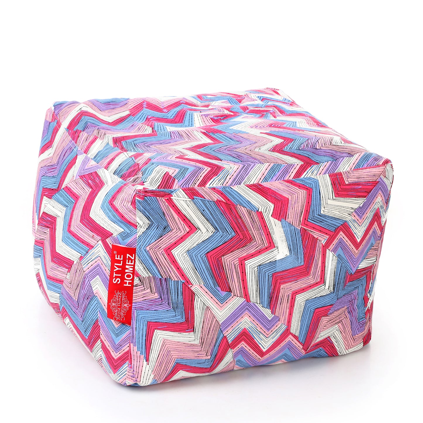 Style Homez Square Ottoman, Cotton Canvas Geometric Printed Bean Bag Ottoman Stool Large Size Filled with Beans, Multi Color