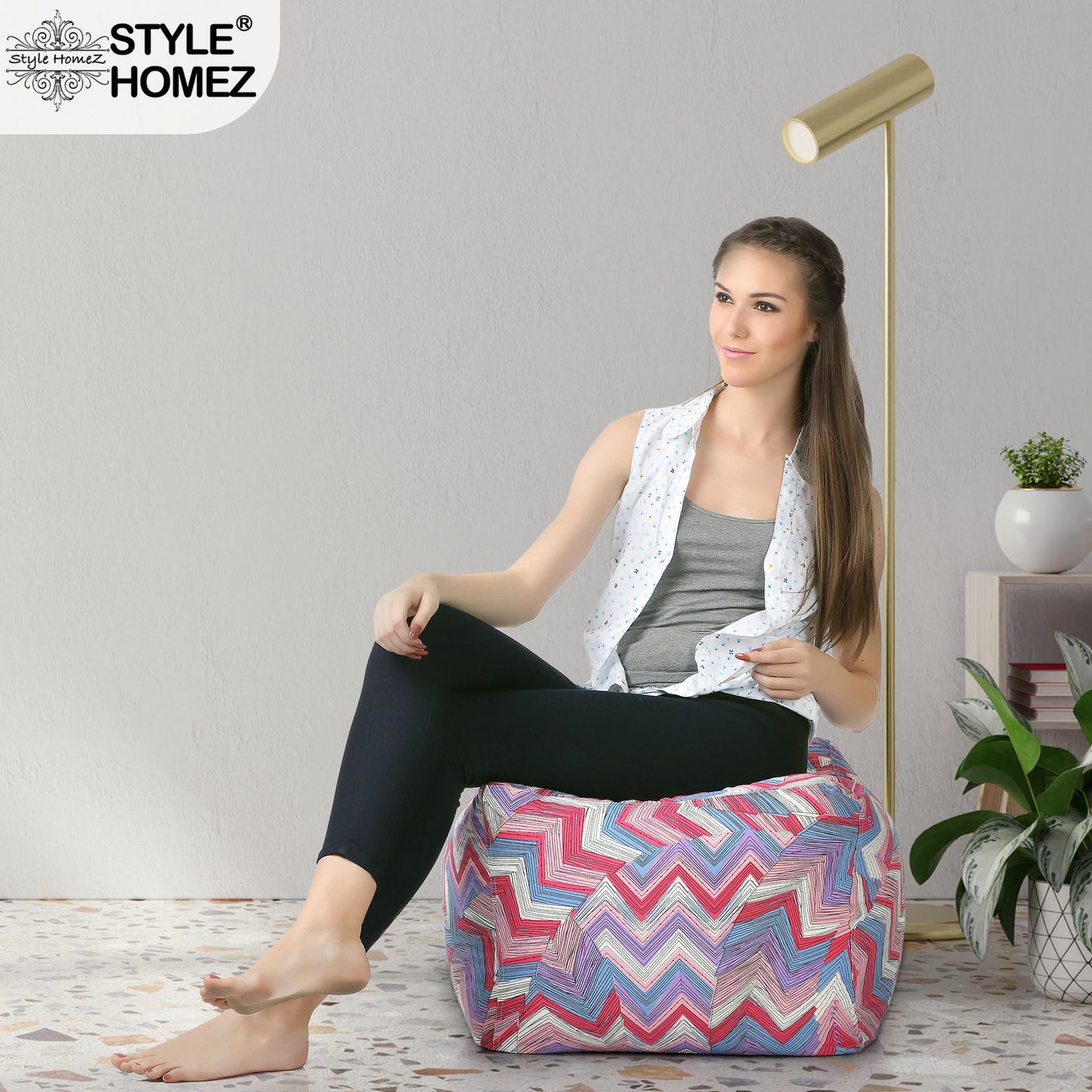 Style Homez Square Ottoman, Cotton Canvas Geometric Printed Bean Bag Ottoman Stool Large Size Filled with Beans, Multi Color