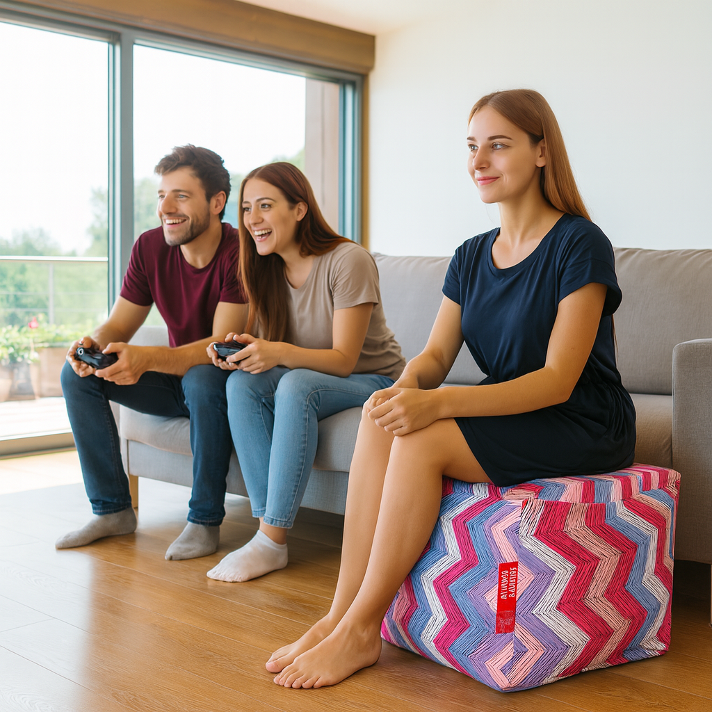 Style Homez Square Ottoman, Cotton Canvas Geometric Printed Bean Bag Ottoman Stool Large Size Filled with Beans, Multi Color