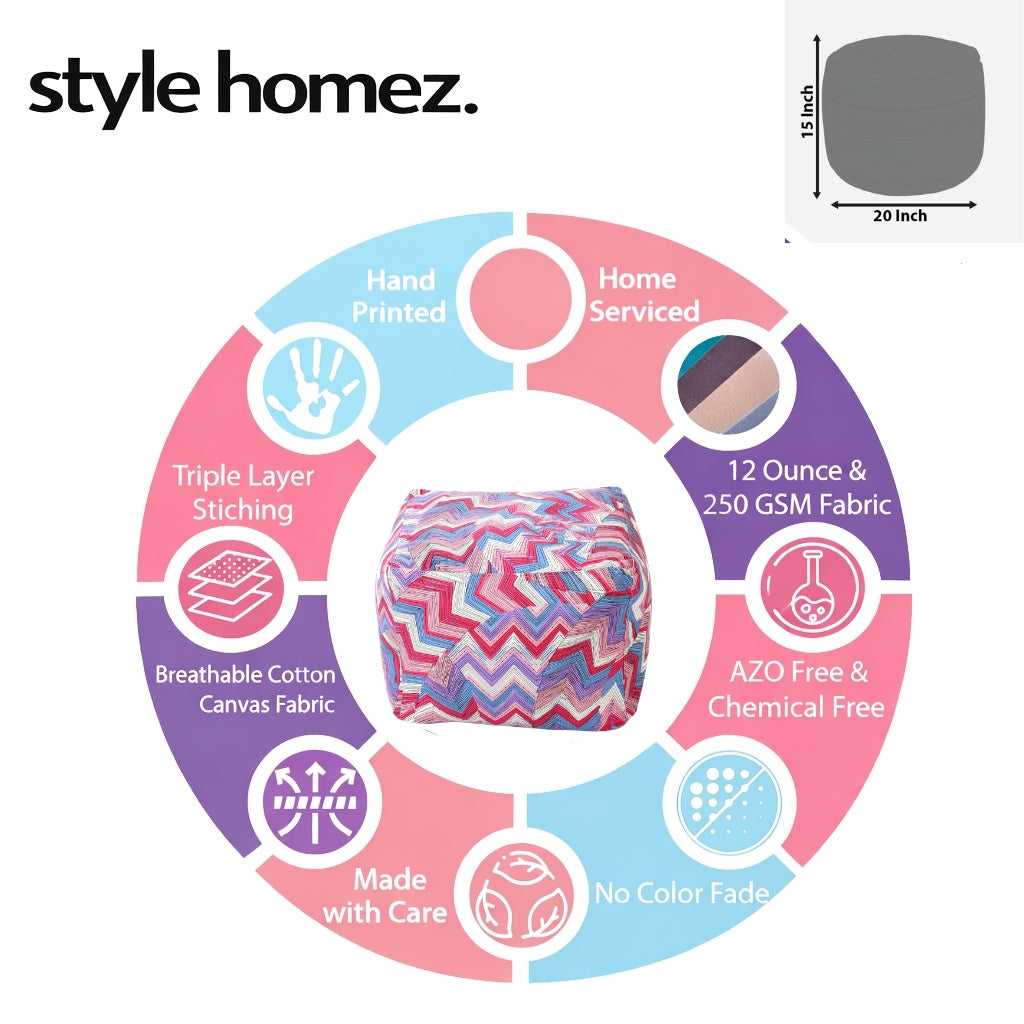 Style Homez Square Ottoman, Cotton Canvas Geometric Printed Bean Bag Ottoman Stool Large Size Filled with Beans, Multi Color